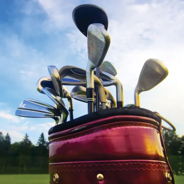 Golf clubs in a golf bag outside